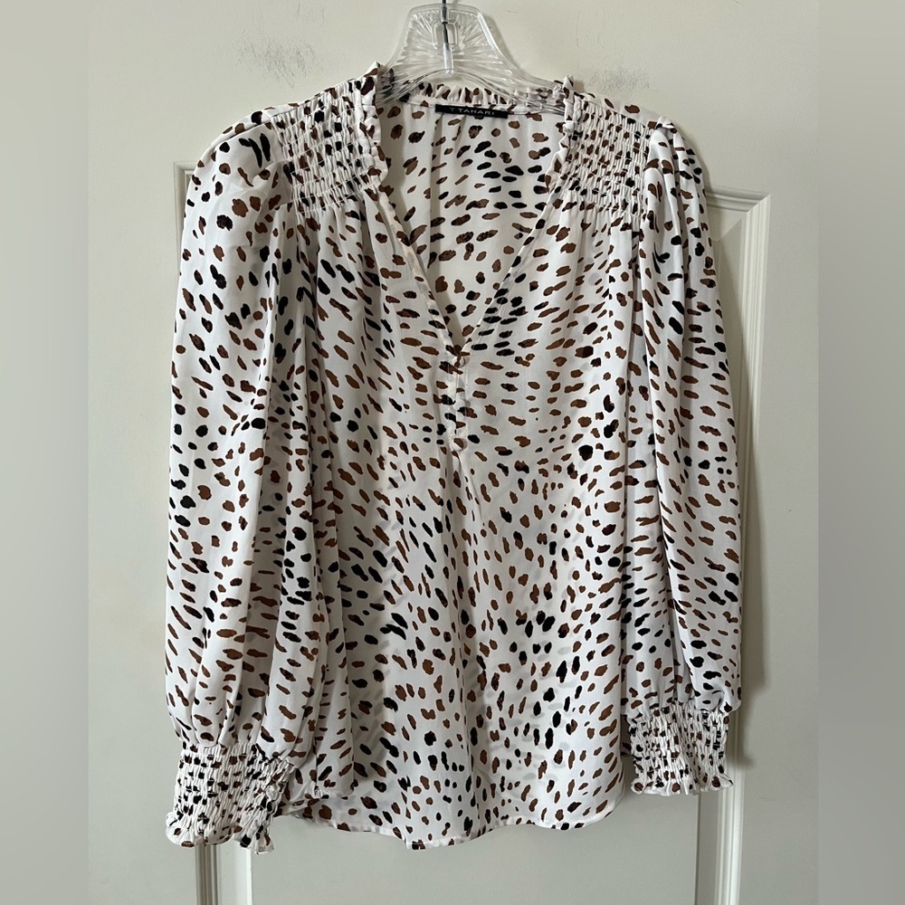 T Tahari Black & Brown Patterned Blouse with Elastic Sleeve Hem Size M/L